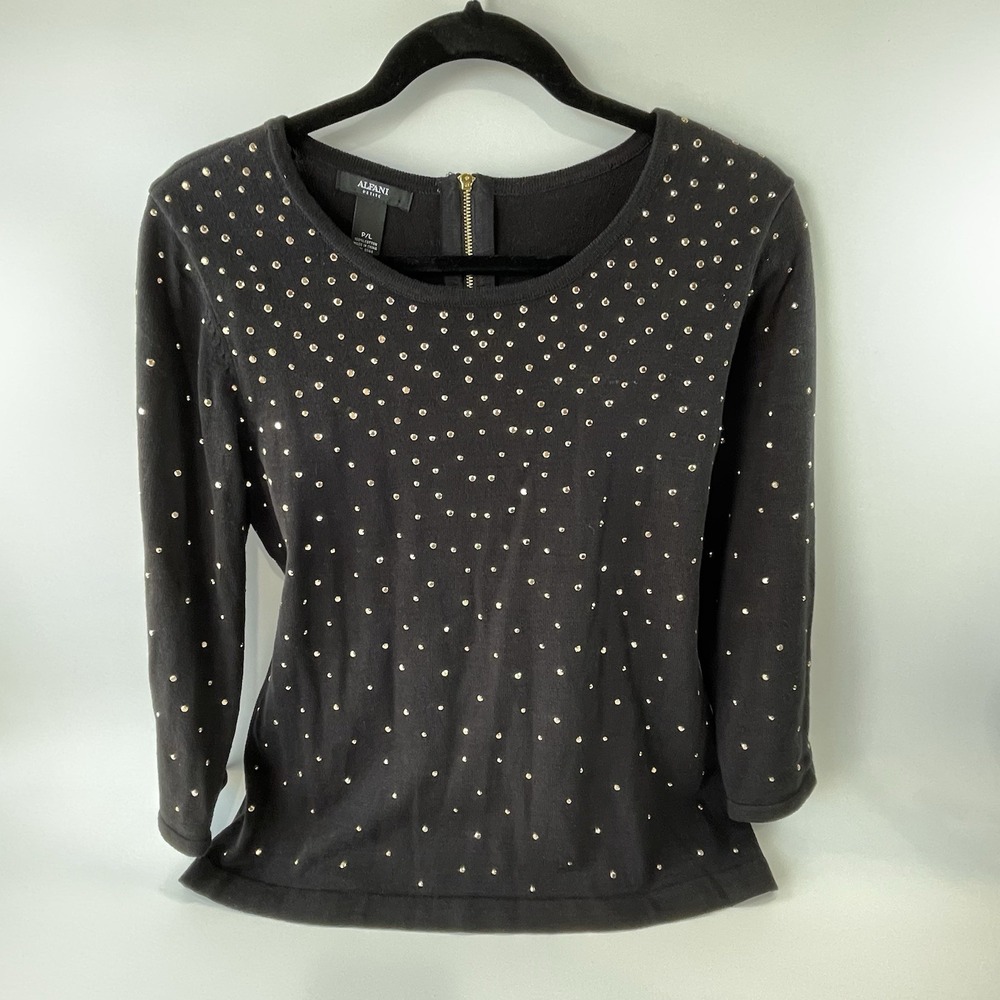 Alfani Women's PL Blouse Top‎ 100% Cotton Back Zip Pullover Sweater Embellished